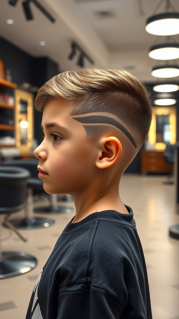 A boy with a mid-skin fade haircut featuring a line design, showcasing a trendy style in a barbershop.