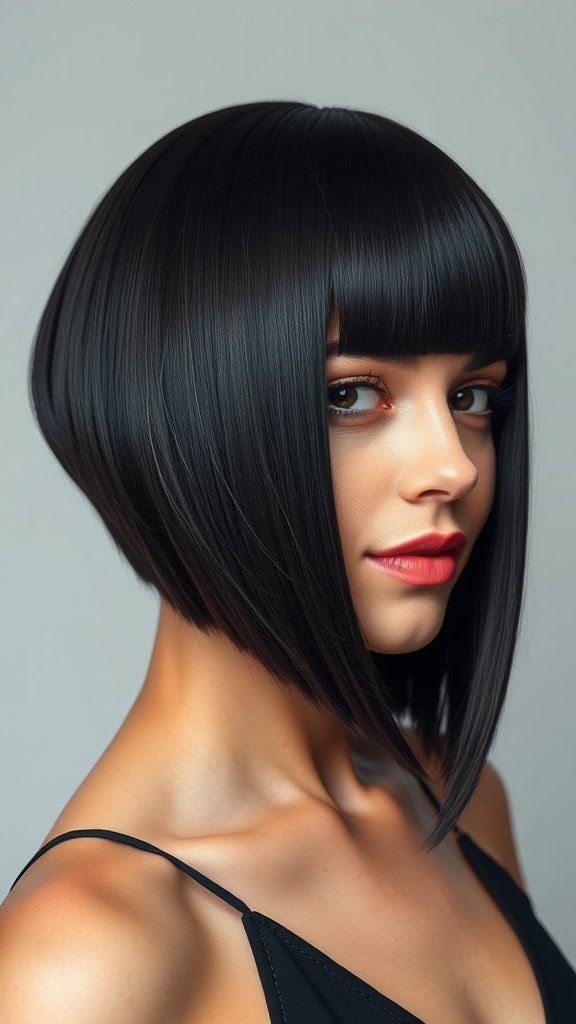 A woman with a sleek midnight black bob hairstyle, showcasing a modern and stylish look.