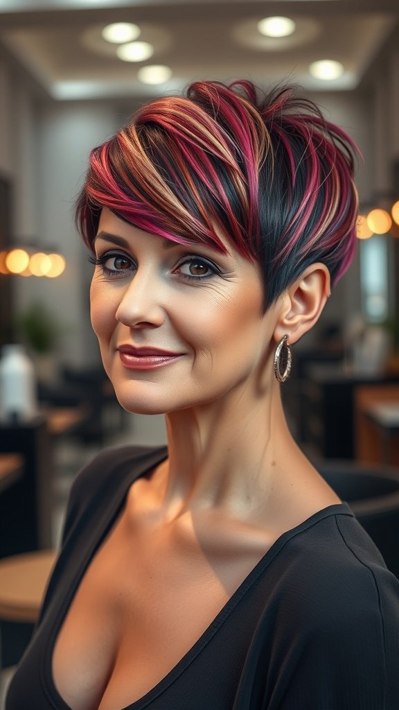 A woman with a modern pixie hairstyle featuring contrasting color panels, showcasing a vibrant and stylish look.