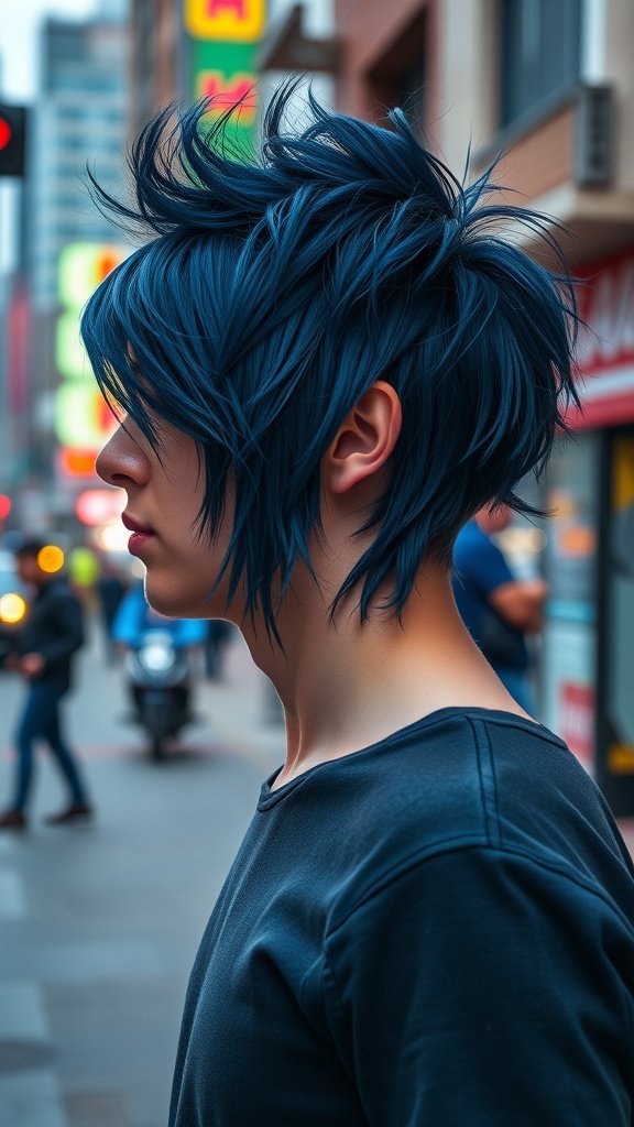 A person with a shaggy mullet hairstyle in midnight blue, showcasing textured layers and an edgy look.