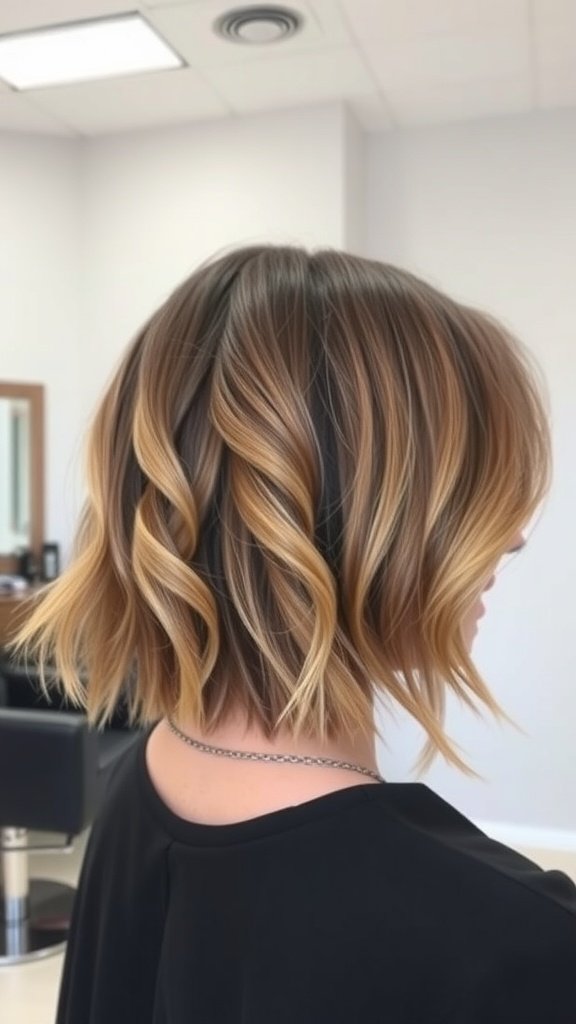 A stylish layered bob haircut with nape detailing and soft waves.