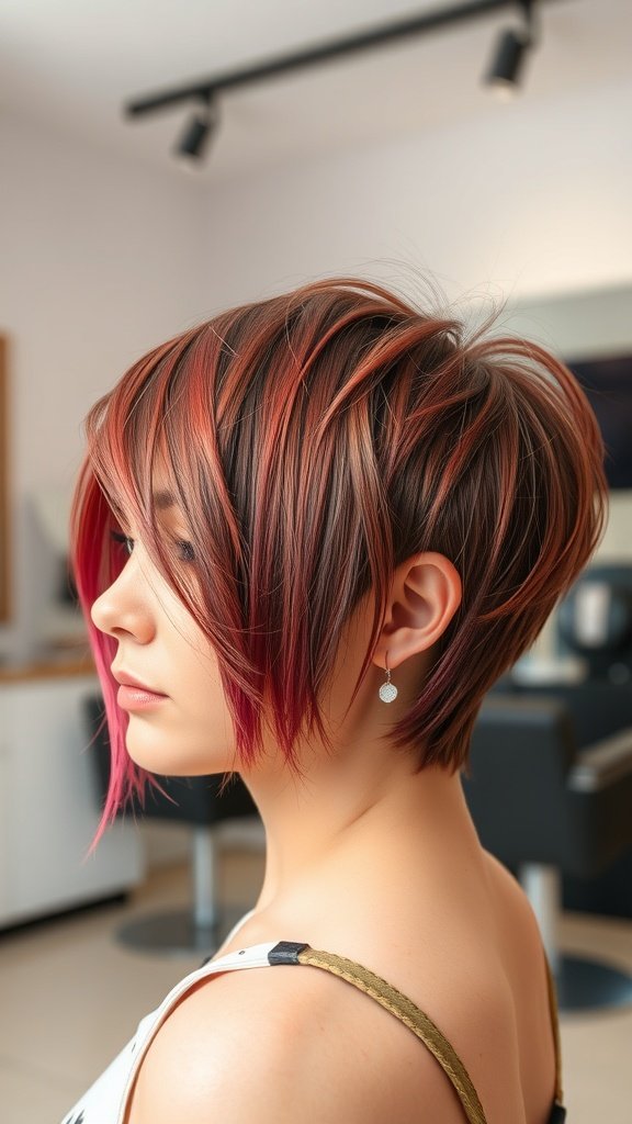 A close-up of a woman with a pixie haircut featuring graduated layers and a side fringe, showcasing rich colors and a stylish look.