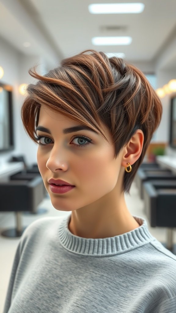 A stylish pixie haircut with a swept-up front and tapered sides, showcasing texture and shape.