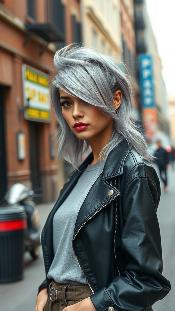 A stylish young woman with silver hair styled in a playful flip, wearing a black leather jacket and a gray top, standing on a city street.