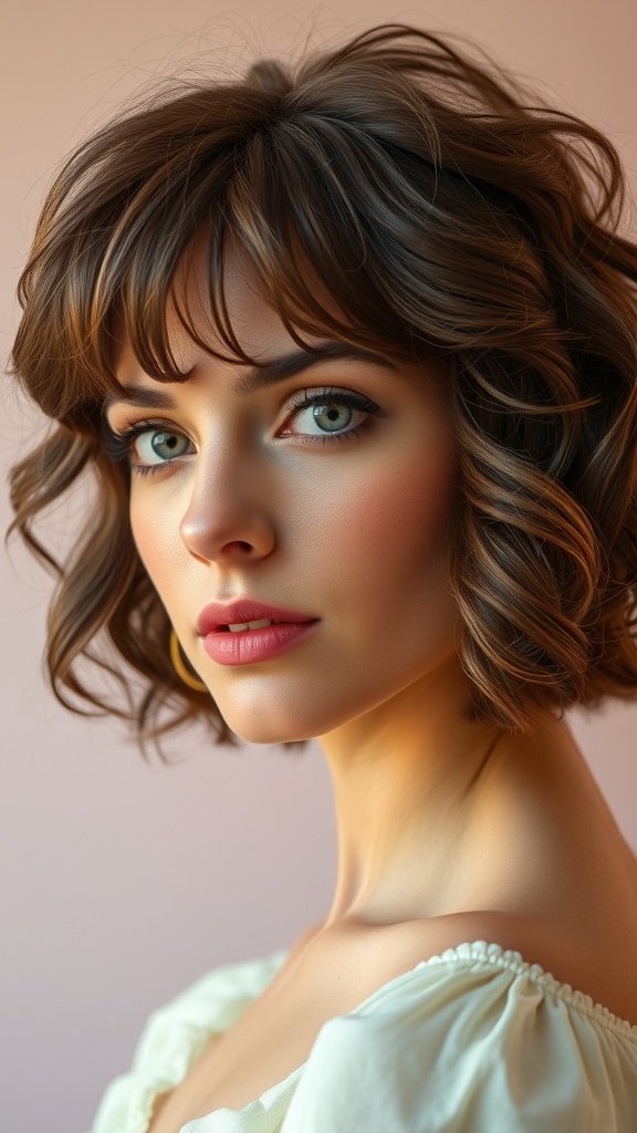 A young woman with a romantic shag hairstyle featuring soft curls, looking confidently at the camera.