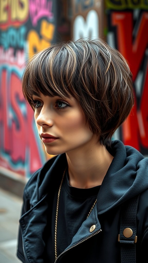 A stylish woman with a shag haircut featuring blunt ends, standing in front of a colorful graffiti wall.