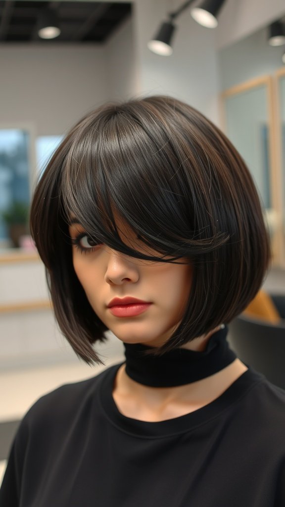 A woman with a short blunt bob hairstyle and side-swept bangs, showcasing a modern and stylish look.
