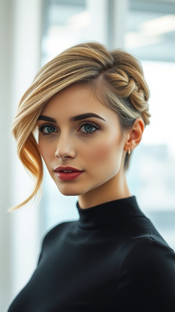 A stylish side braided hairstyle on short hair, showcasing elegance and playfulness.