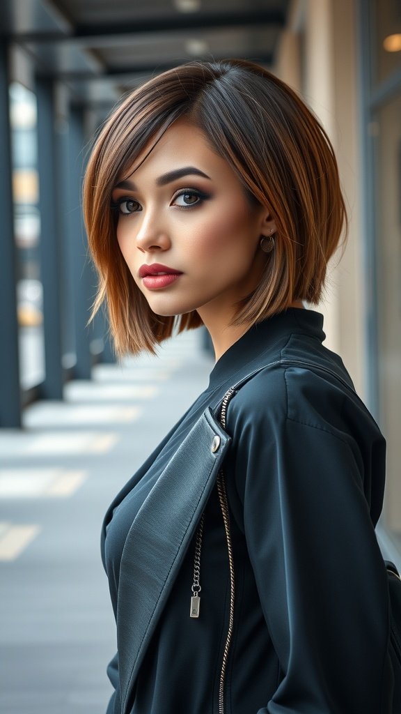 A woman with a sleek layered bob hairstyle and a deep side part, looking stylish and confident.