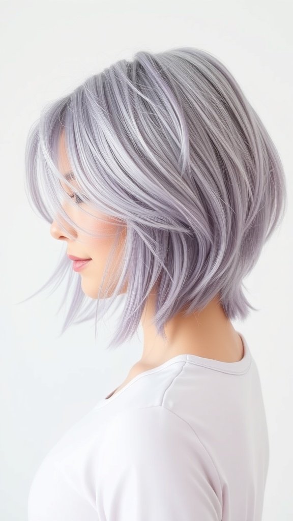 A woman with a soft lavender shag haircut featuring delicate layers, showcasing a modern and stylish look.