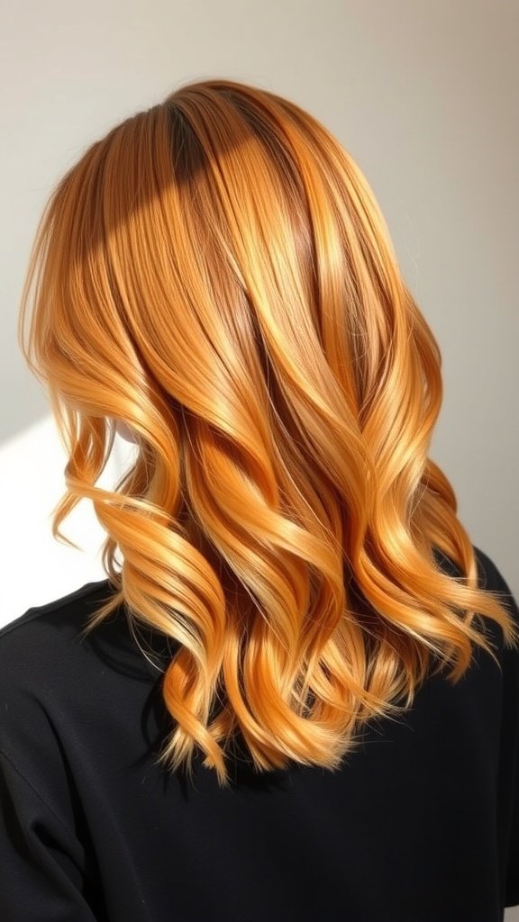 A woman with tangerine blonde hair styled in soft waves, showcasing vibrant orange undertones.