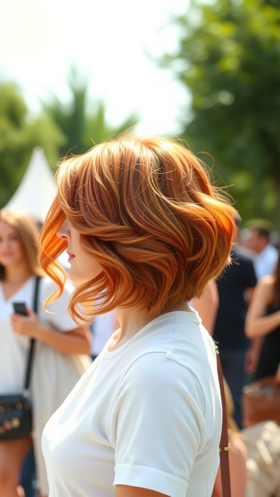 A woman with tangerine flared auburn hairstyle, showcasing vibrant colors and soft waves.