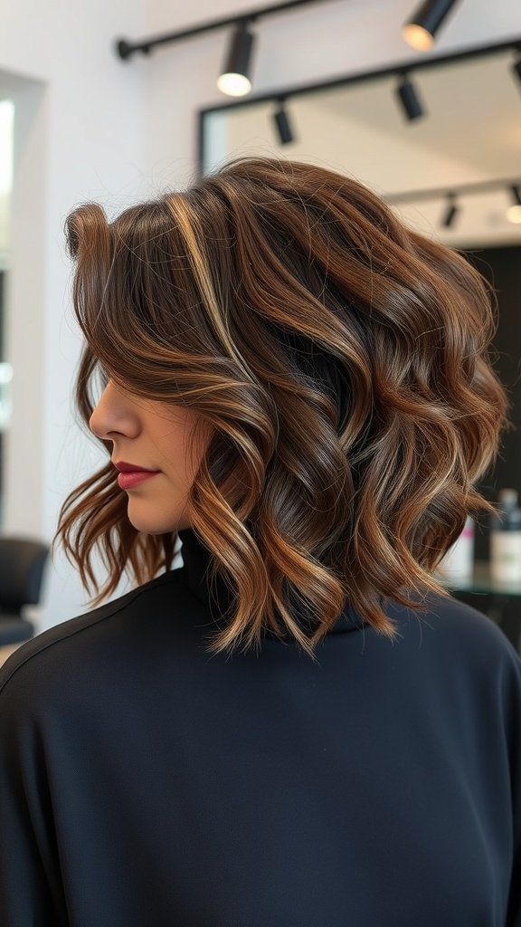 A woman with a textured asymmetrical wavy bob hairstyle, showcasing soft waves and a stylish cut.