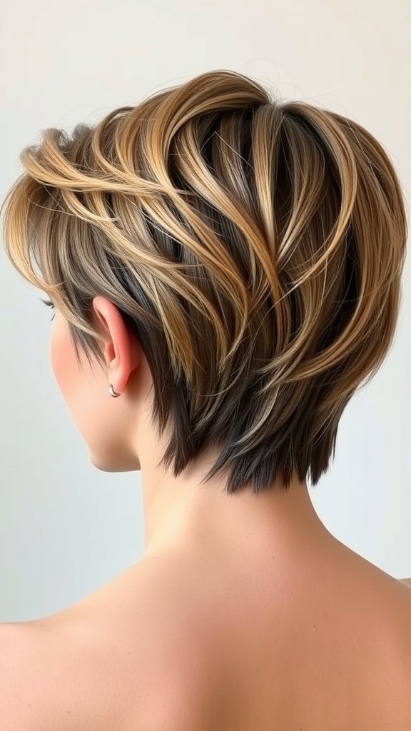 A textured pixie haircut showing a short back and longer top with layered styling.