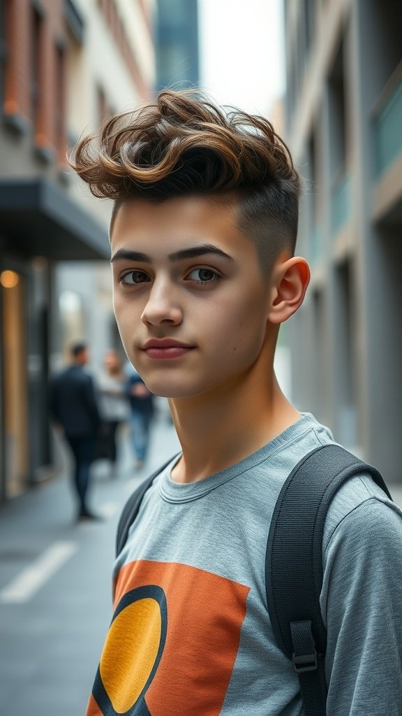 Teen boy with tight curls and a drop fade hairstyle