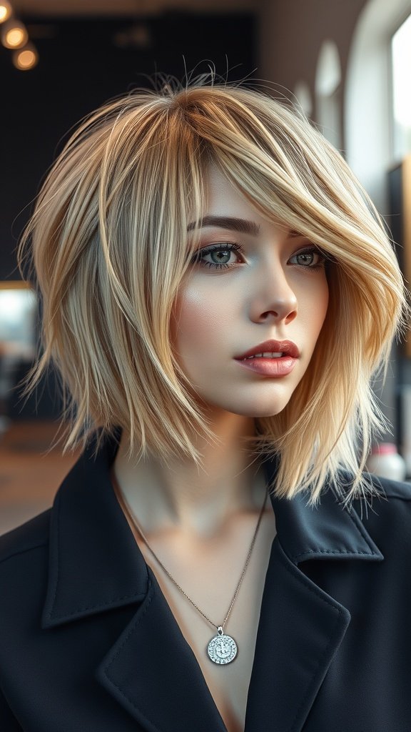 A woman with warm beige hair and cool ash highlights, showcasing a stylish bob haircut.