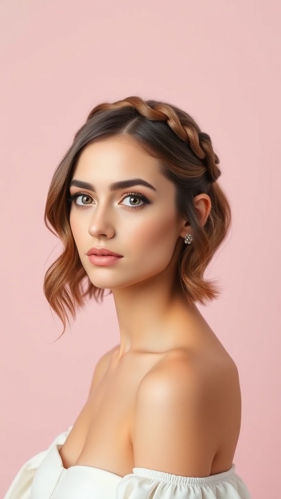 A woman with wavy hair styled in a crown braid against a pink background.