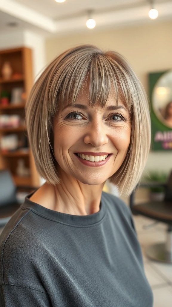 A woman with an angled bob hairstyle featuring razor cut bangs, smiling in a salon setting.