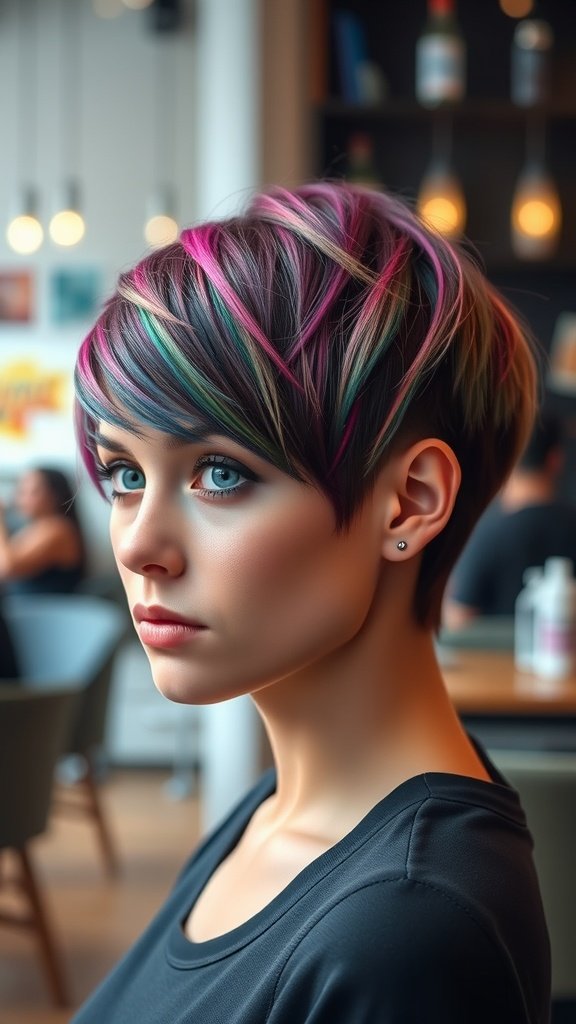 A woman with an angled pixie haircut featuring a long choppy fringe, showcasing vibrant pink, blue, and purple colors.
