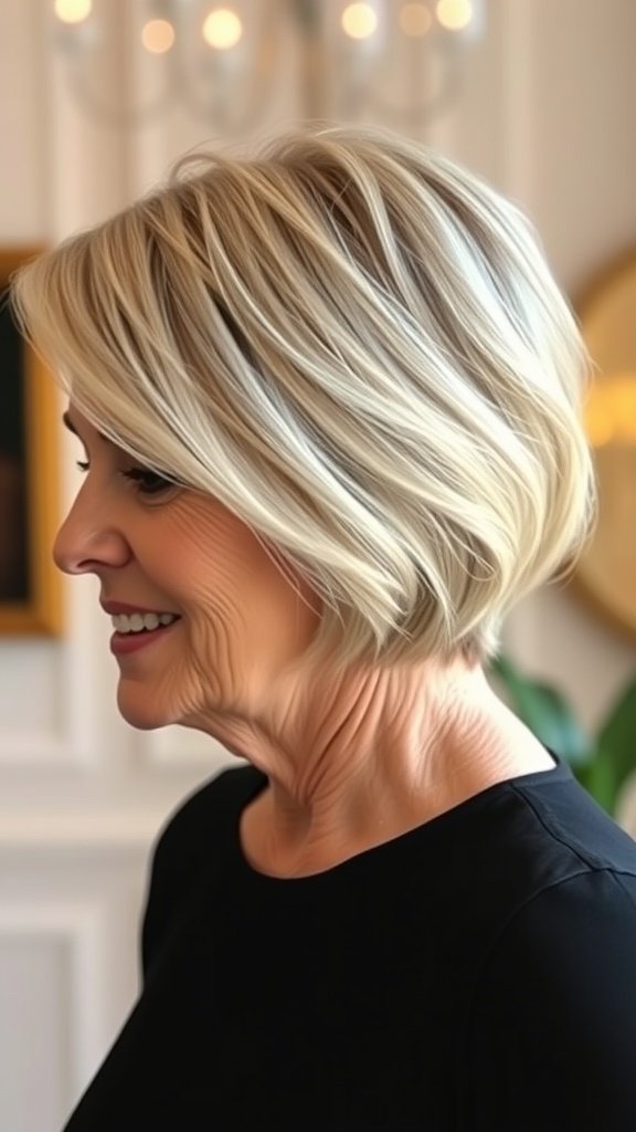 A woman with an angled stacked bob hairstyle, smiling and showcasing her stylish look.