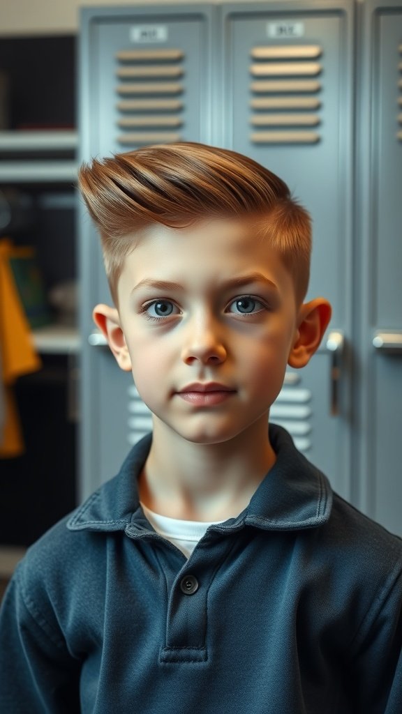 A young boy with an angular flat top haircut, standing in front of school lockers.