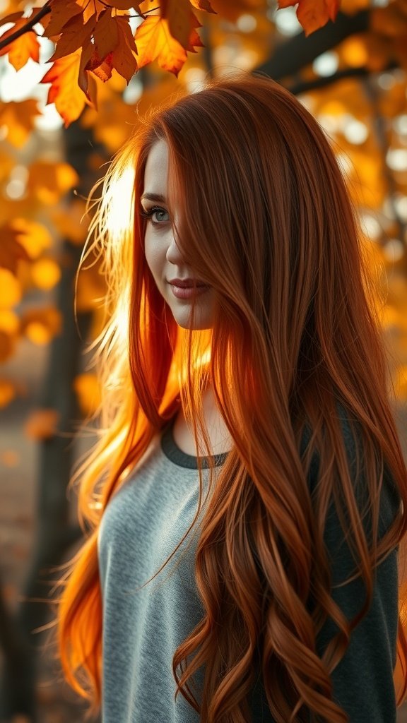 A woman with long, wavy apple cider red hair, surrounded by autumn leaves.