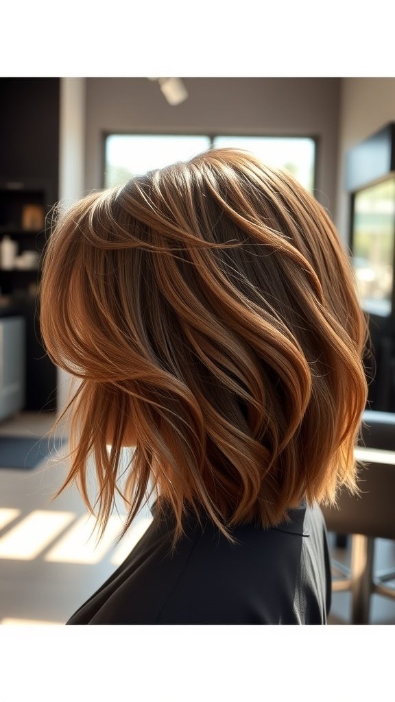 Asymmetrical feathered bob hairstyle with flowing layers