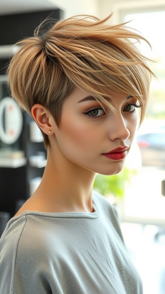 A woman with an asymmetrical short pixie cut, featuring textured layers and a light blonde color, showcasing a stylish and modern look.