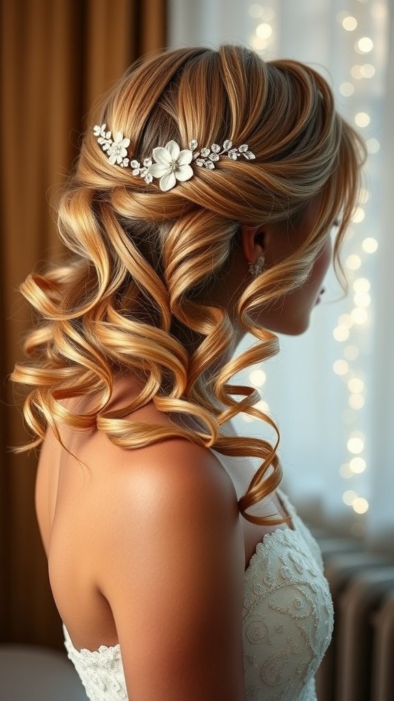 A woman with asymmetrical side swept curls adorned with a floral hairpiece, showcasing a beautiful prom hairstyle.