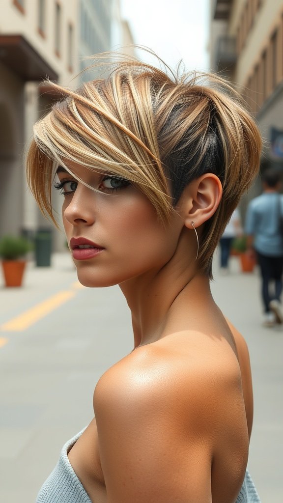 A woman with an asymmetrical undercut and wispy side bangs, showcasing a trendy hairstyle.