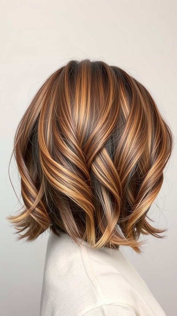 A stylish brown bob hairstyle featuring burnished bronze streaks, showcasing a blend of rich brown and golden highlights.