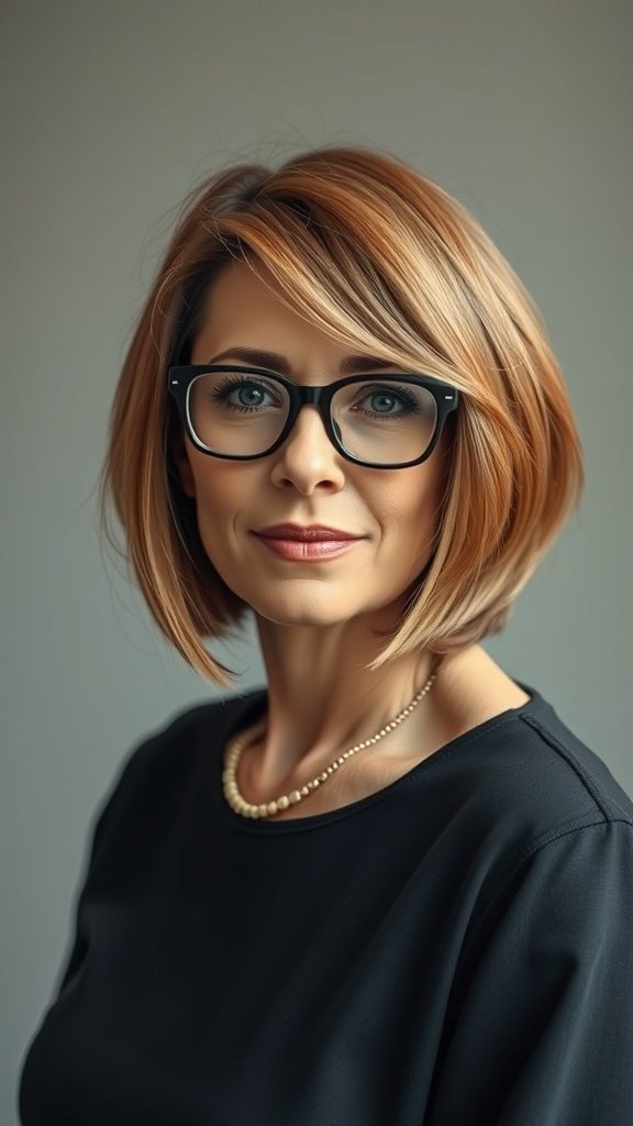 A woman with caramel-toned asymmetrical lob hairstyle and glasses, looking confident and stylish.