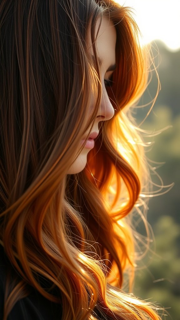 A close-up of a woman with auburn hair featuring caramel highlights, styled in soft waves.