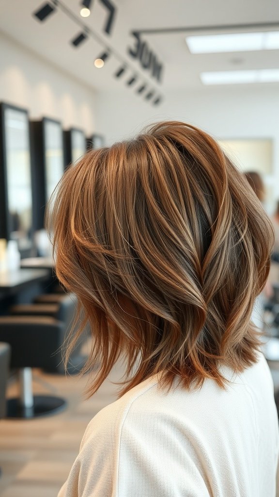 Chestnut brown medium shag haircut with feathered ends