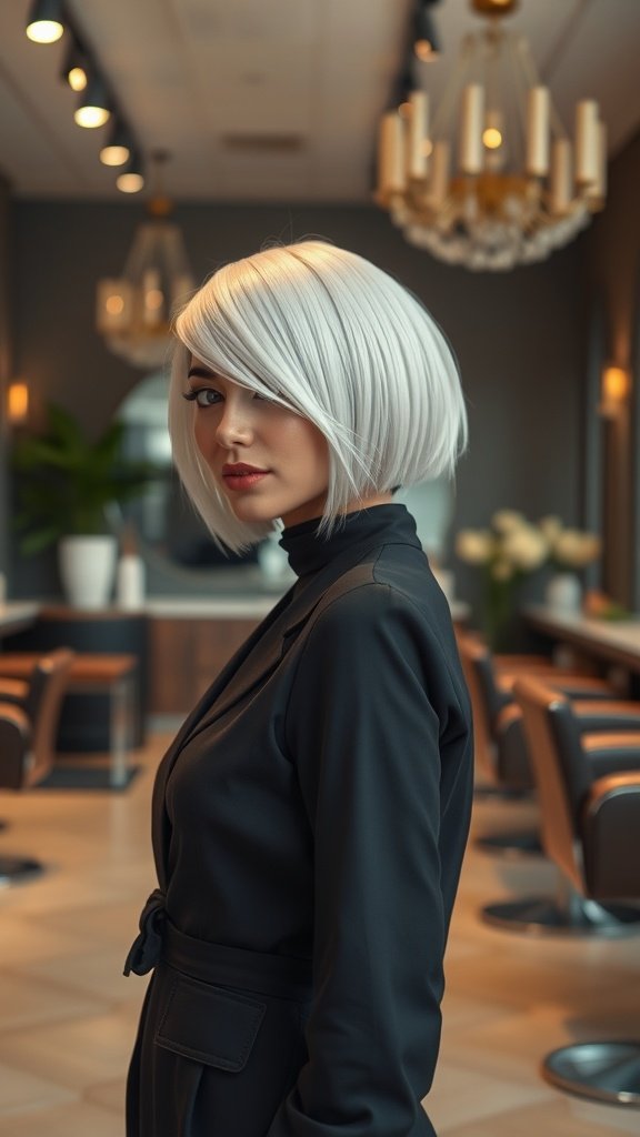 A woman with a chic platinum feathered bob hairstyle, showcasing a modern and stylish look.