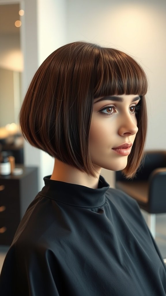 A woman with a chin-length box bob hairstyle featuring razor-cut ends, showcasing a modern and stylish look.