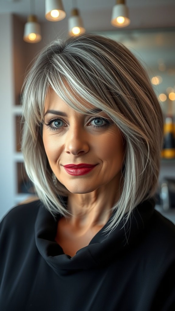 A woman with a chin-length lob hairstyle and curtain bangs, showcasing a stylish and flattering look.