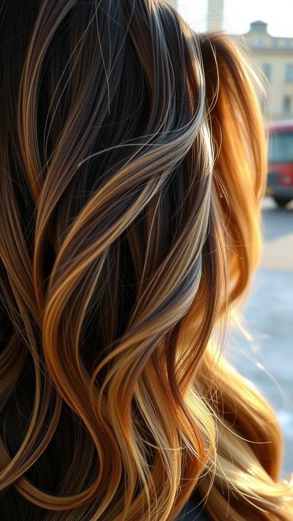 A close-up view of chocolate brown hair with sun-kissed blonde highlights, showcasing beautiful waves.