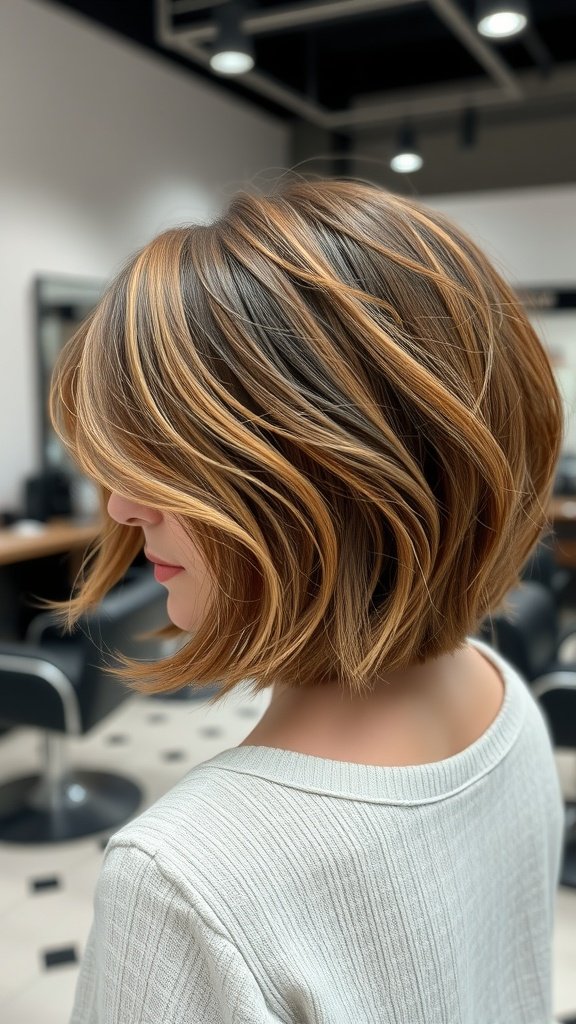A choppy layered bob hairstyle with soft waves and warm tones, showcasing texture and movement.