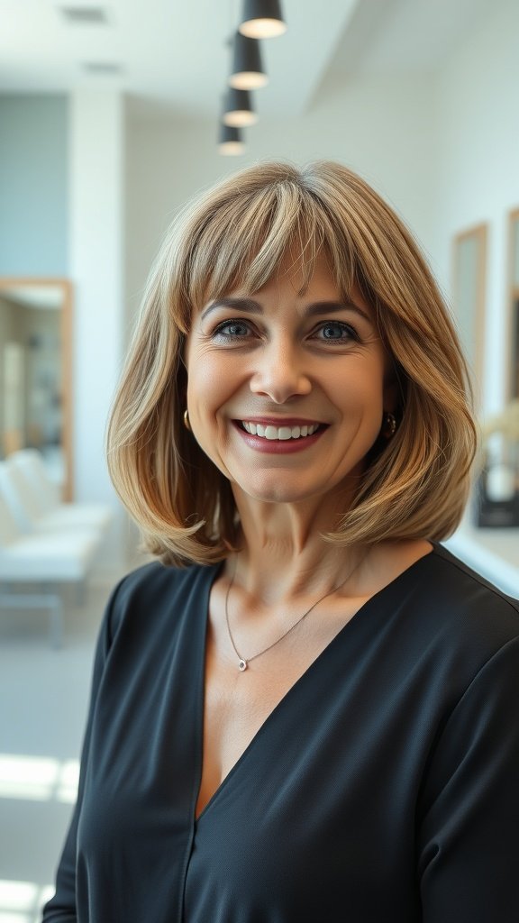 A smiling woman with a choppy lob hairstyle and side-swept bangs, wearing a black top.
