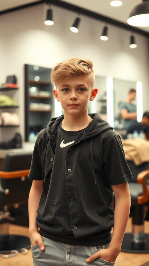 A young boy with a Classic Caesar Cut hairstyle, wearing a black hoodie and looking confidently at the camera.