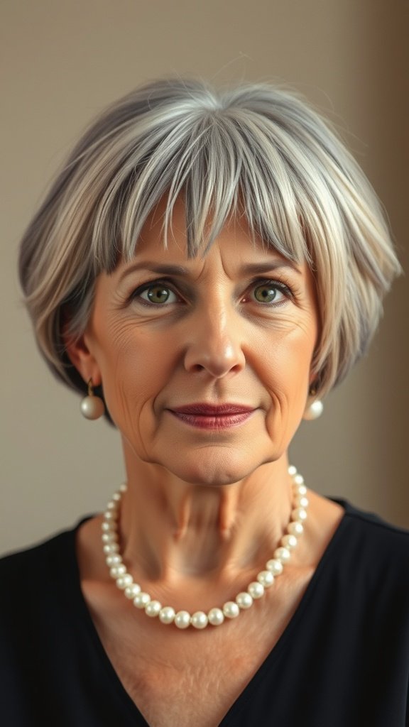 A woman over 60 with a classic pageboy hairstyle featuring rounded bangs, wearing a pearl necklace.