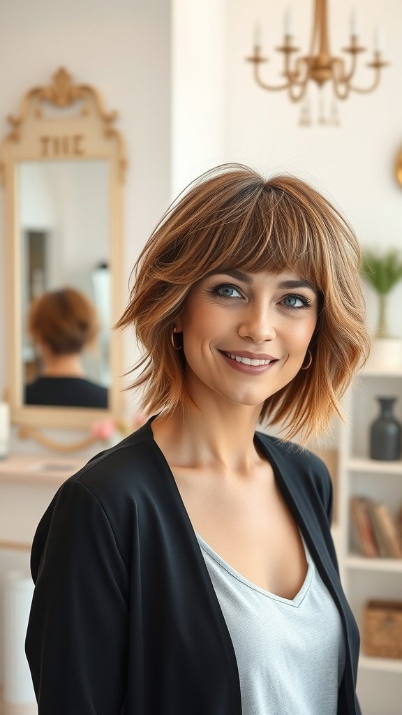 A woman with a classic shoulder-length shag hairstyle, featuring soft waves and bangs, smiling in a stylish interior.