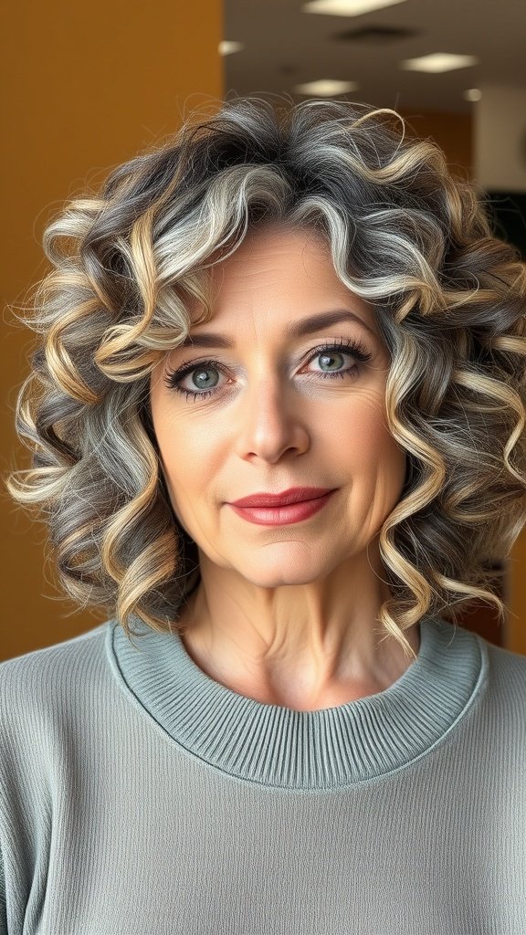 A woman with a curly bob hairstyle featuring textured layers, showcasing defined curls and subtle highlights.