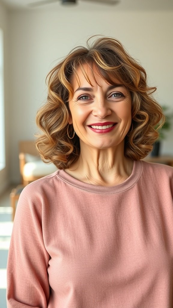 A woman with curly lob hairstyle and side-swept bangs, smiling in a cozy indoor setting.