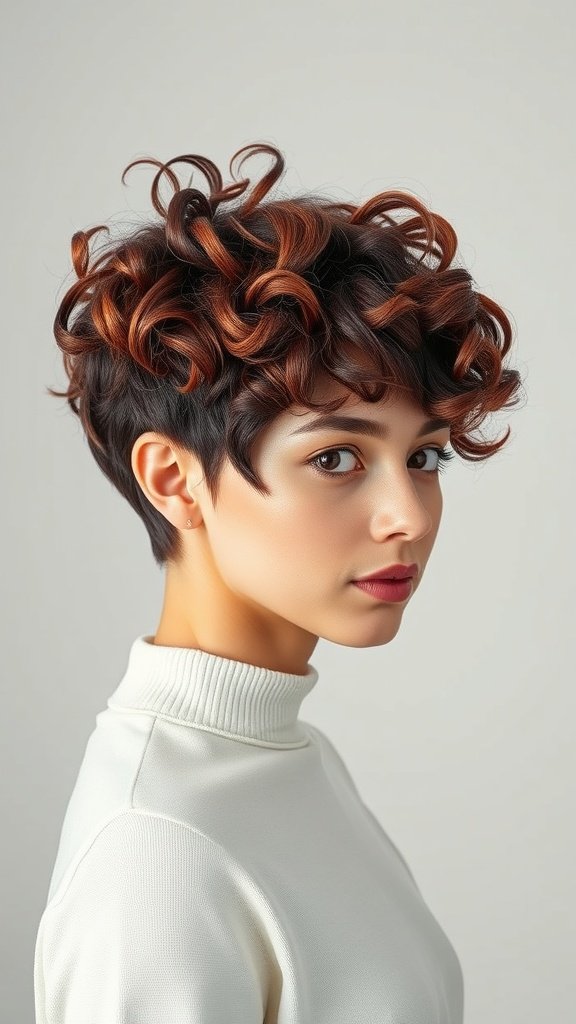 A woman with a curly tapered pixie hairstyle featuring defined curls and a modern look.