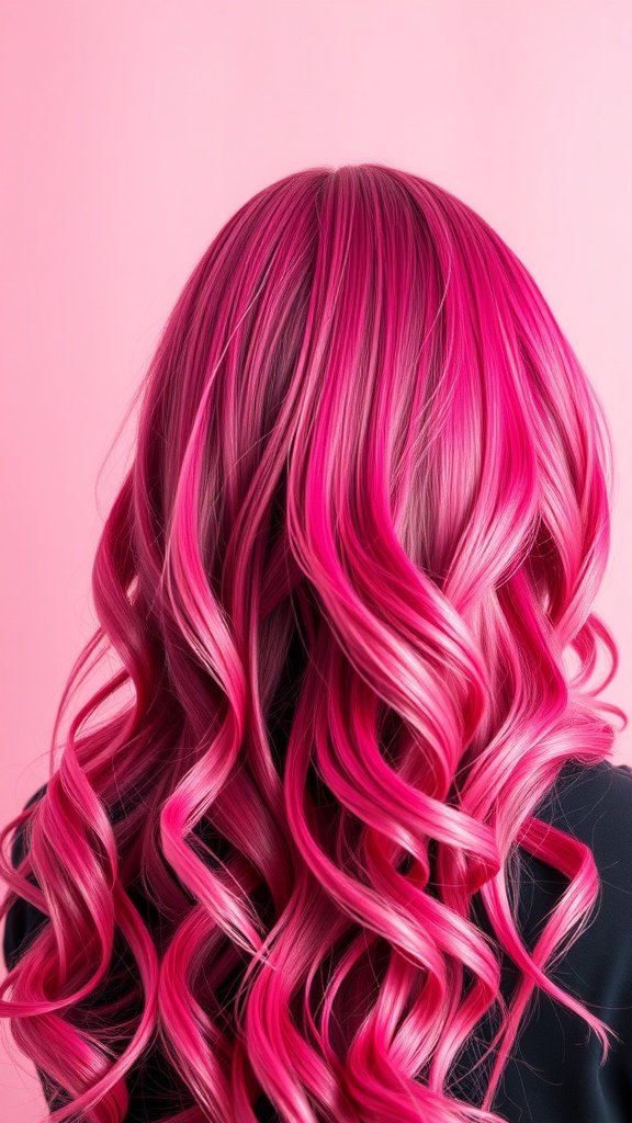 A hairstyle featuring dark pink roots melting into bright pink ends, styled in loose waves.