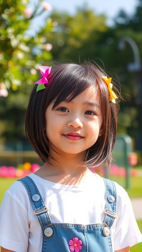 A young girl with an edgy asymmetrical bob hairstyle, wearing colorful hair clips and a denim outfit, smiling in a park.