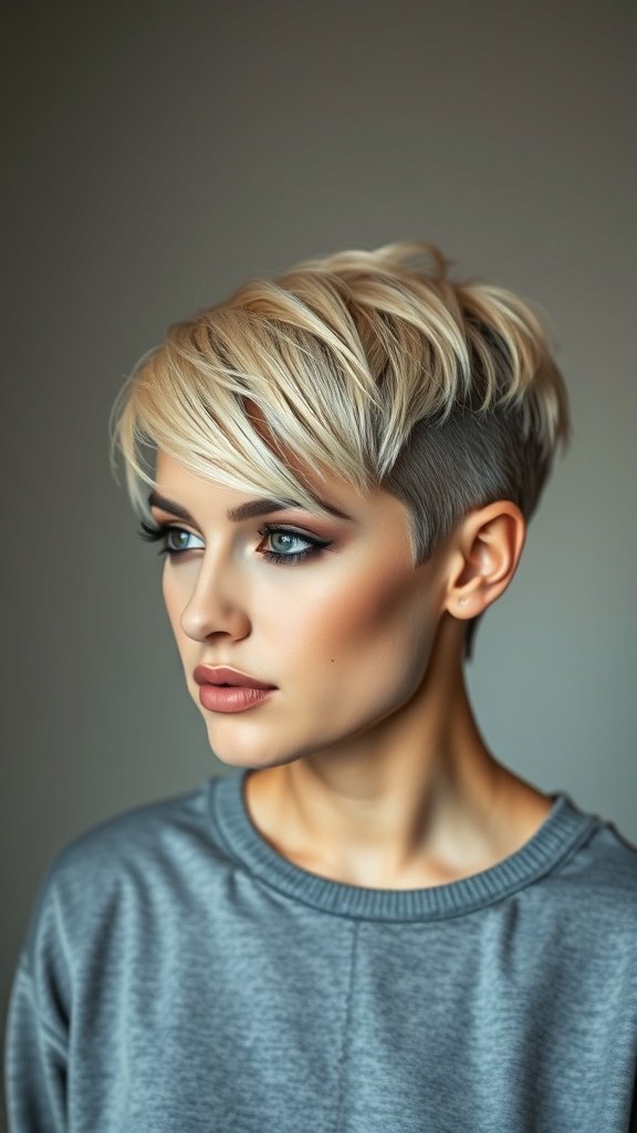 A woman with an edgy blonde pixie cut and dark shadow roots, wearing a gray sweater.