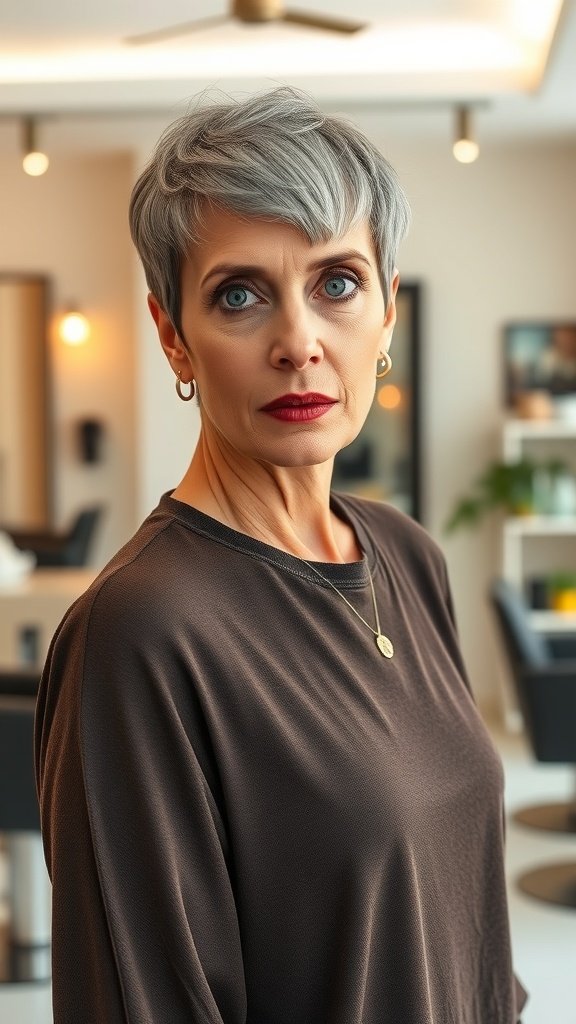 A woman with an edgy tapered pixie hairstyle, showcasing a modern look with a soft gray color.